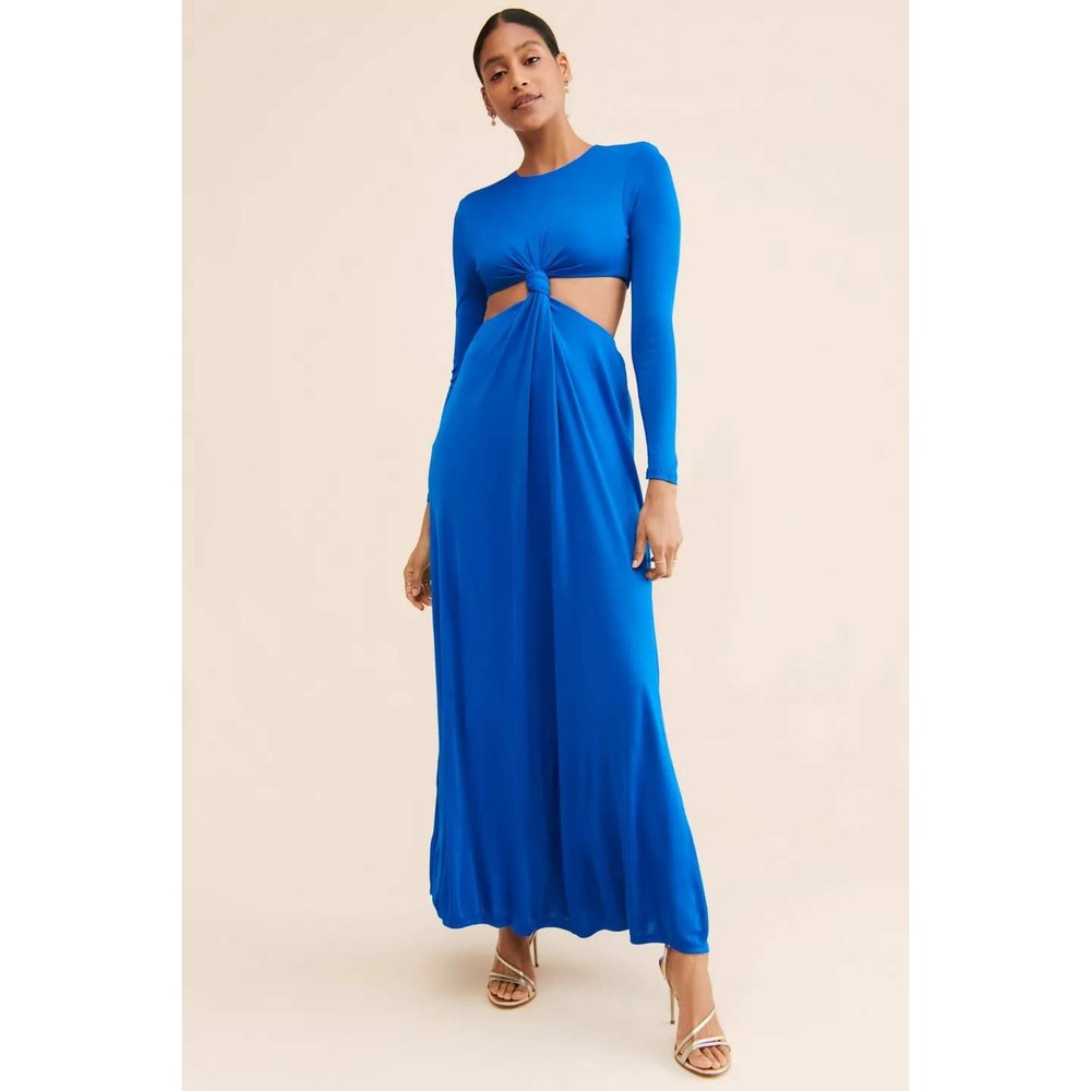 Farm Rio Royal Blue Cut-Out Knot Front Long Sleeve Maxi Dress Gown Small NWT